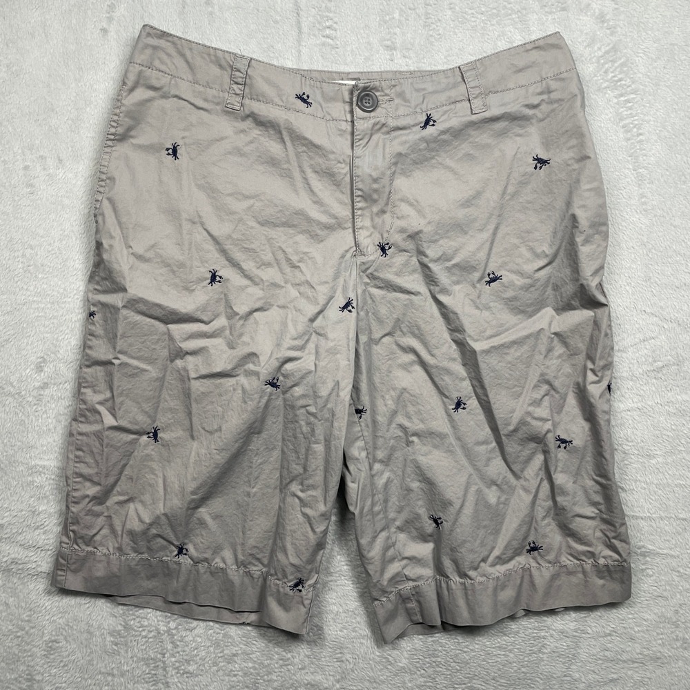 Merona Chino Shorts Women 10 Khaki Gray Embroidered Crab Nautical Cotton